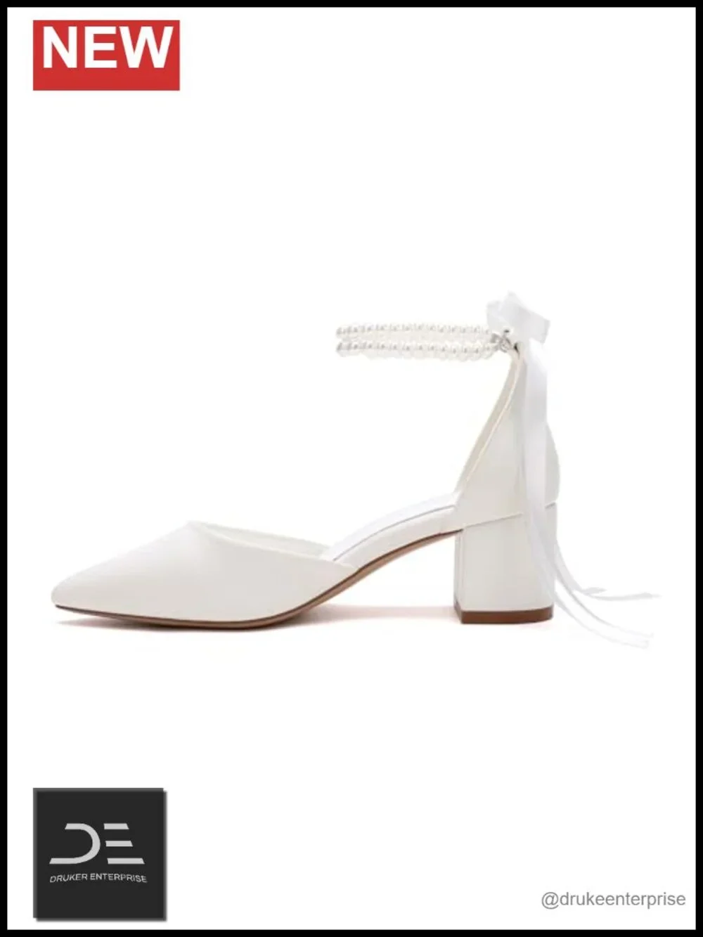 Ivory Faux Leather Pointed Toe Block Heel Pumps with Pearls